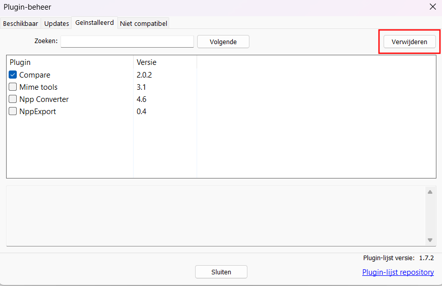 Een plug-in verwijderen in Notepad++