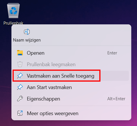 Prullenbak vastmaken aan Snelle toegang