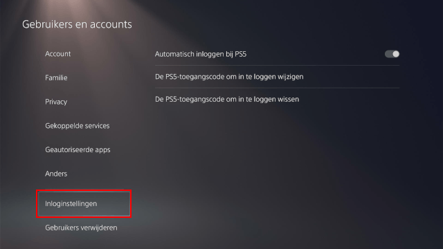 PS5 Inloginstellingen
