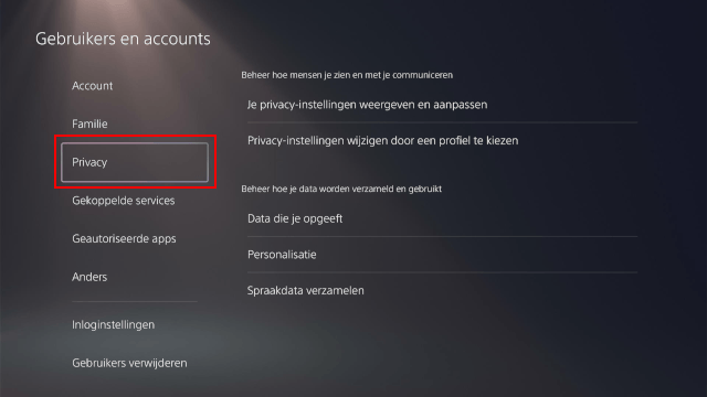 PS5 privacy instellingen openen