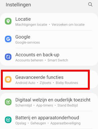 Samsung Galaxy Geavanceerde functies openen