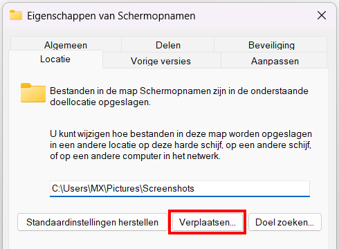 Schermafbeeldingen map verplaatsen in Windows 11