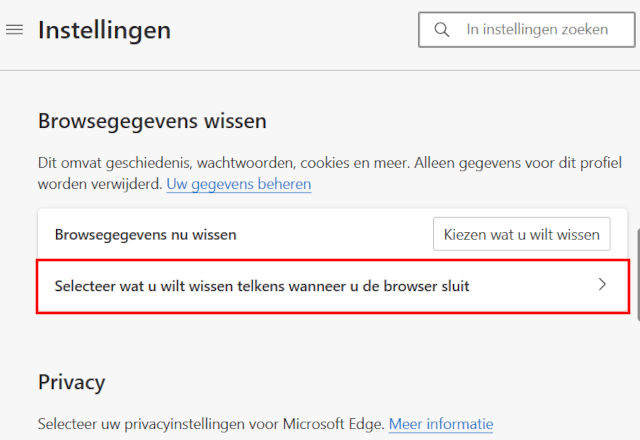 Selecteer wat u wilt wissen telkens wanneer u de browser sluit