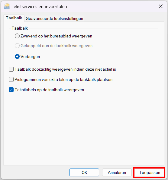 De taalbalk uit de taakbalk verwijderen in Windows 11