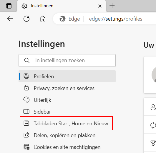 Tabbladen Start, Home en Nieuw instellingen openen in Microsoft Edge