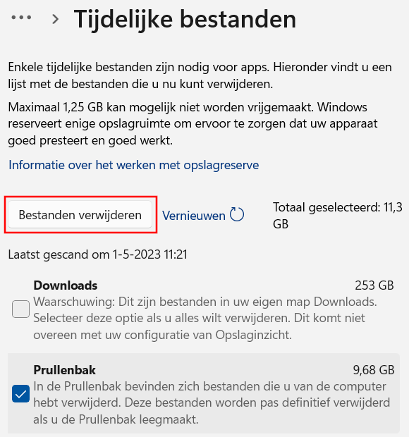 Tijdelijke bestanden verwijderen in Windows 11