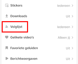 TikTok volglijst instelling