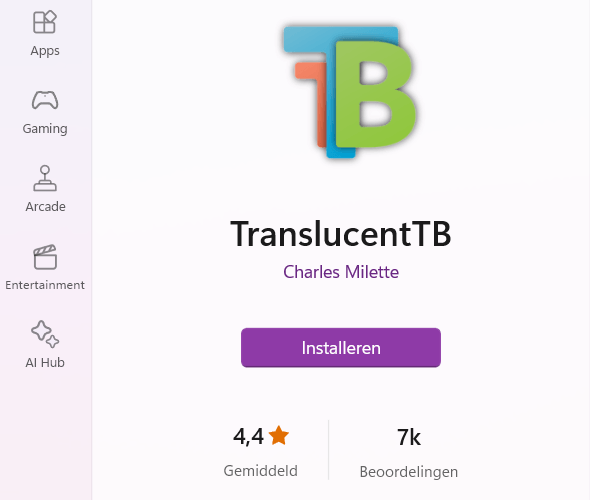 TranslucentTB installeren via de Microsoft Store