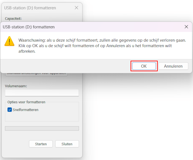 USB formatteren waarschuwing