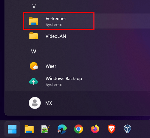 Verkenner in startmenu