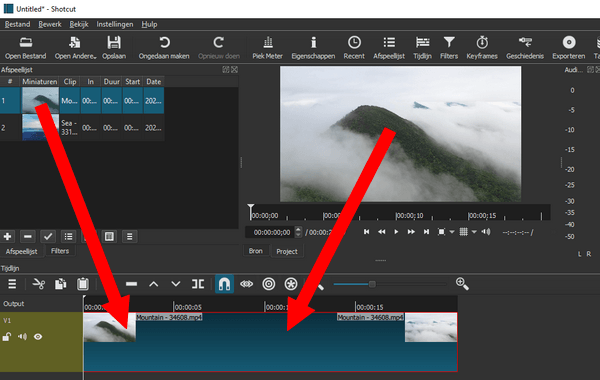 Video naar tijdlijn slepen in Shotcut