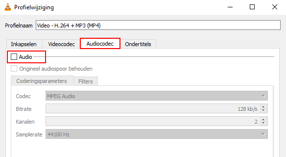 VLC audiocodec instellingen