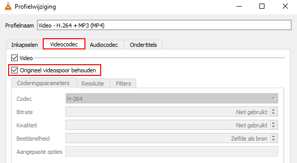 VLC videocodec instellingen