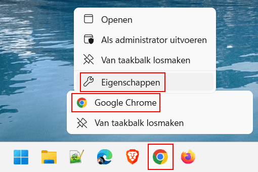 Webbrowser eigenschappen openen via de taakbalk