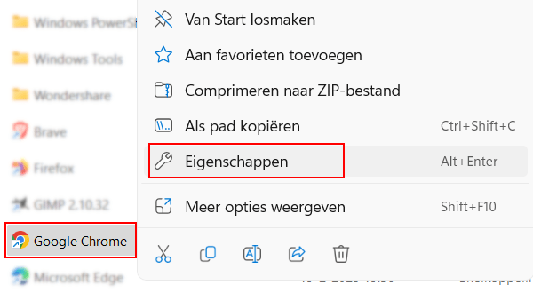 Webbrowser eigenschappen openen via startmenu