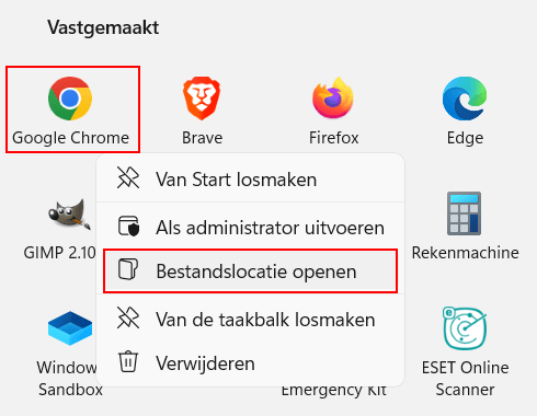 Webbrowser eigenschappen openen via startmenu