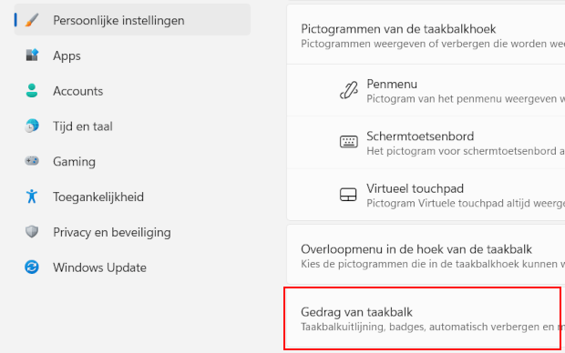 Windows 11 gedrag van taakbalk instellingen openen