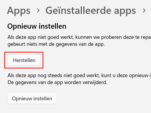 Windows 11 Herstellen knop