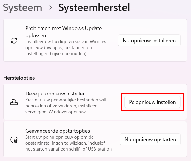 Windows 11 Herstelopties Pc opnieuw instellen knop