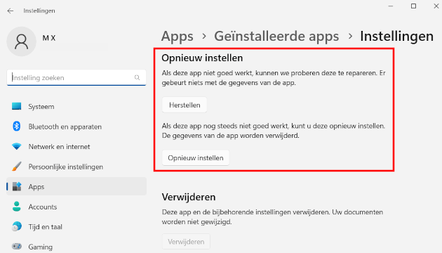 Windows 11 Opnieuw instellen gedeelte