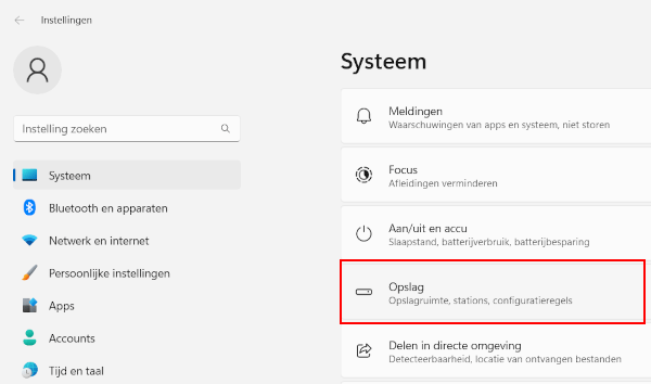 Windows 11 Opslag instellingen