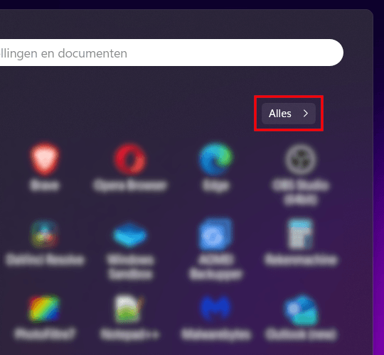 Windows 11 startmenu alles knop