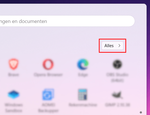Windows 11 startmenu Alles knop