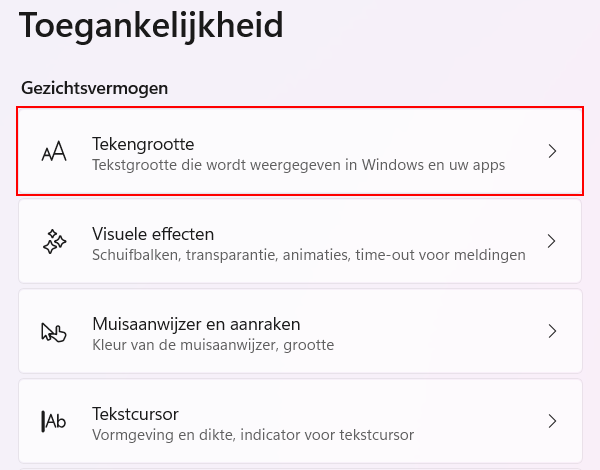 Windows 11 Tekengrootte instellingen openen