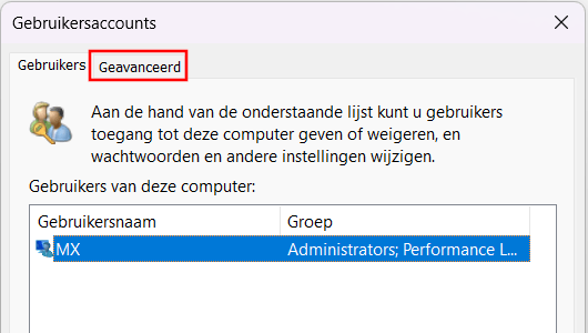 Windows Gebruikersaccounts venster geavanceerde instellingen openen