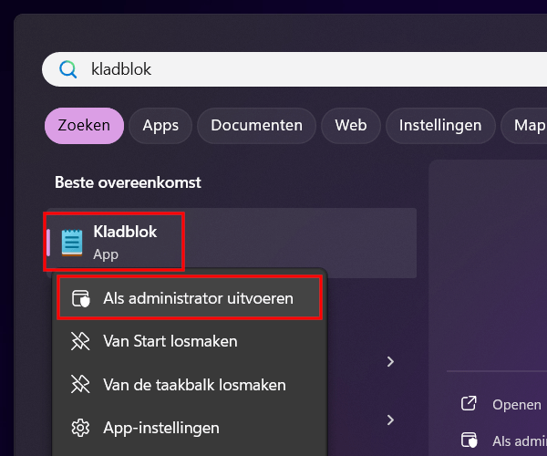 Windows Kladblok als administrator uitvoeren