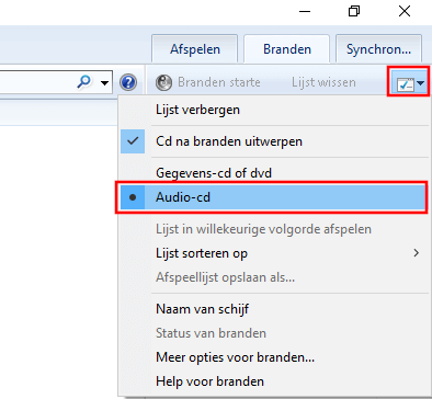 Windows Media Player brandopties Audio-cd