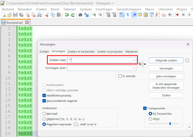 Een Woord toevoegen aan het begin of einde van elke regel in Notepad++