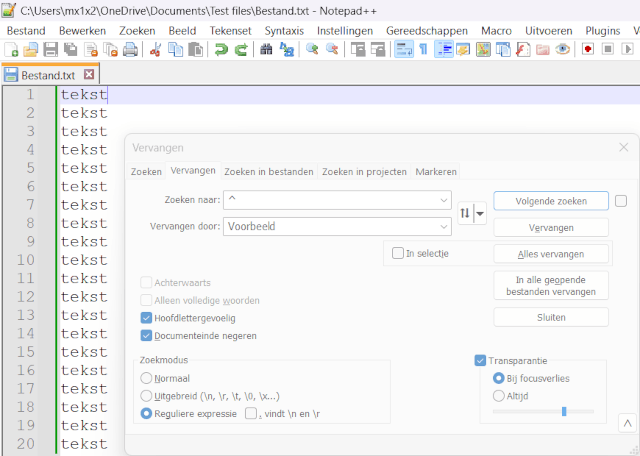 Een Woord toevoegen aan het begin of einde van elke regel in Notepad++