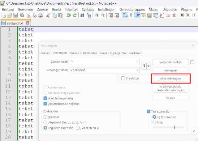 Een Woord toevoegen aan het begin of einde van elke regel in Notepad++