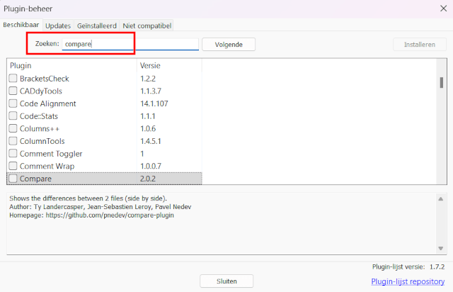 Zoek naar de Compare plugin